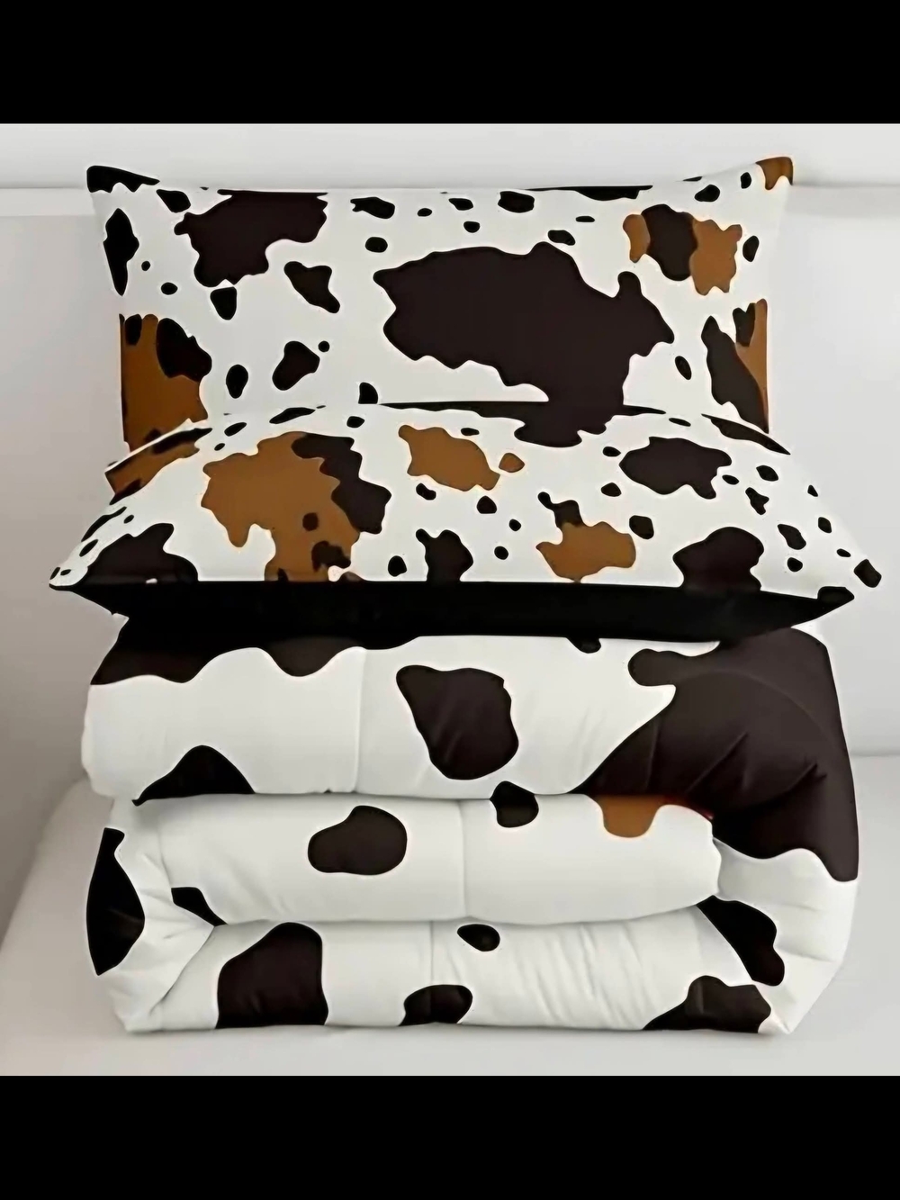 3pc Cowhide Print Comforter Set in White and Brown